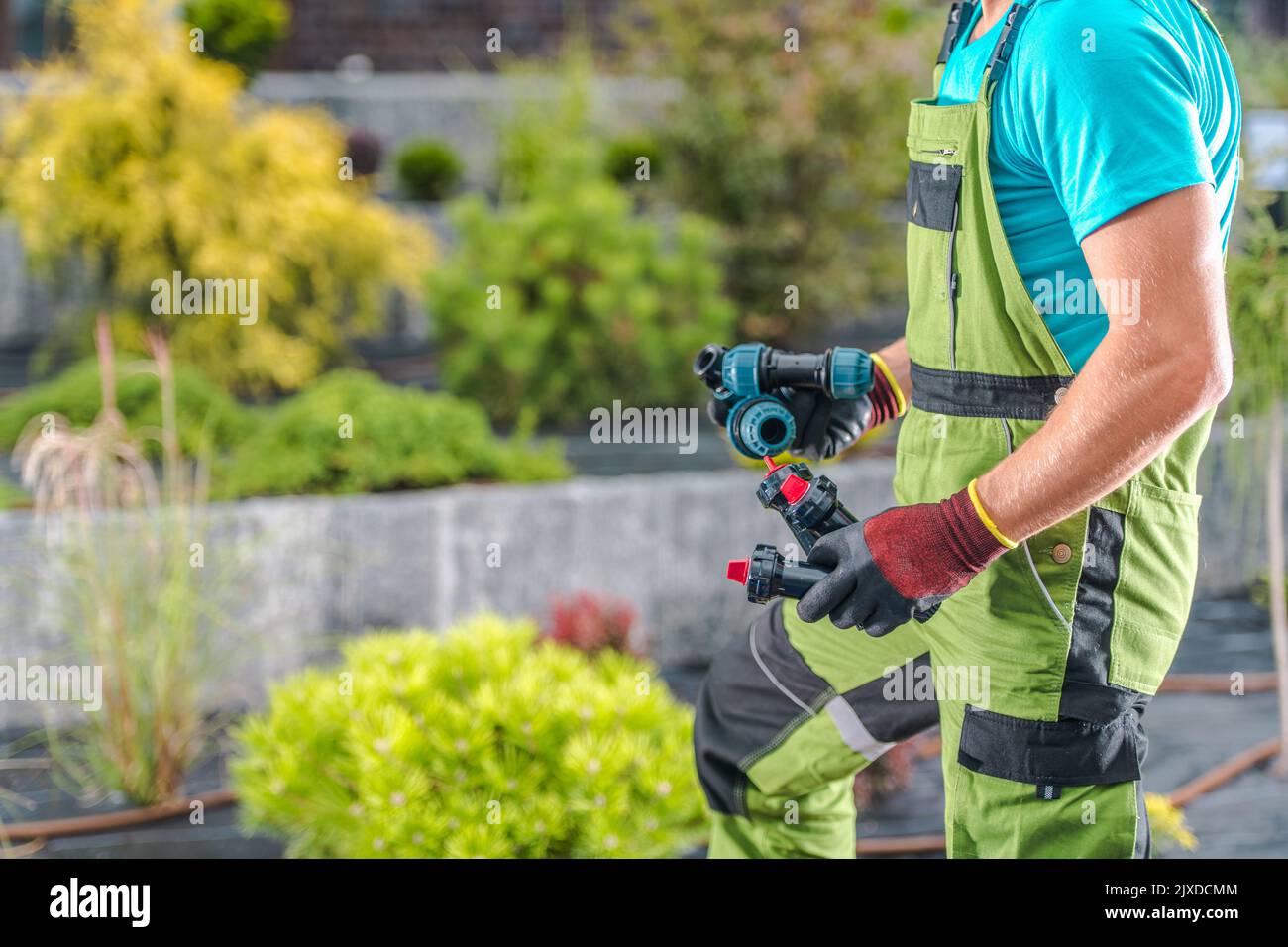 Nahaufnahme des kaukasischen Gärtners, der Stecker und Sprinkler in seinen Händen trägt. Arbeiten an der automatischen Installation des Gartenbewässerungssystems, um die Prop Stockfoto