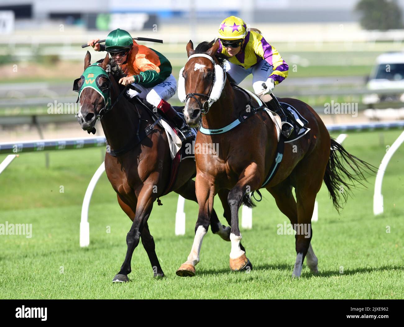 Jockey Ruby Ride (rechts) fährt Apoloboom zum Sieg im Rennen 5, dem Blokes Day Out Raceday, während des Wednesday Raceday auf der Doomben Racecourse in Brisbane, Mittwoch, 14. März 2018. (AAP-Bild/Darren England) Stockfoto