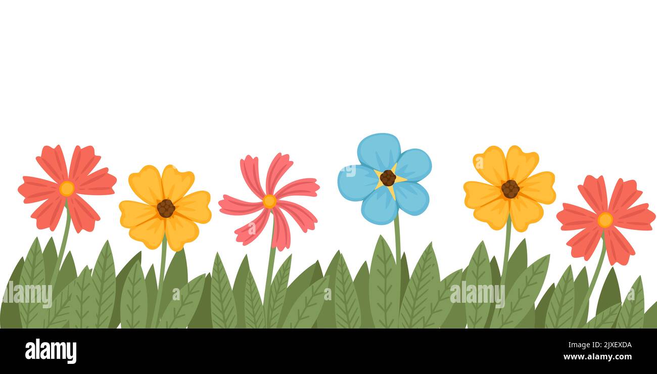 Einfache unterschiedlich farbige Blumen Bett mit grünem Gras und Blätter Vektor-Illustration auf weißem Hintergrund Stock Vektor