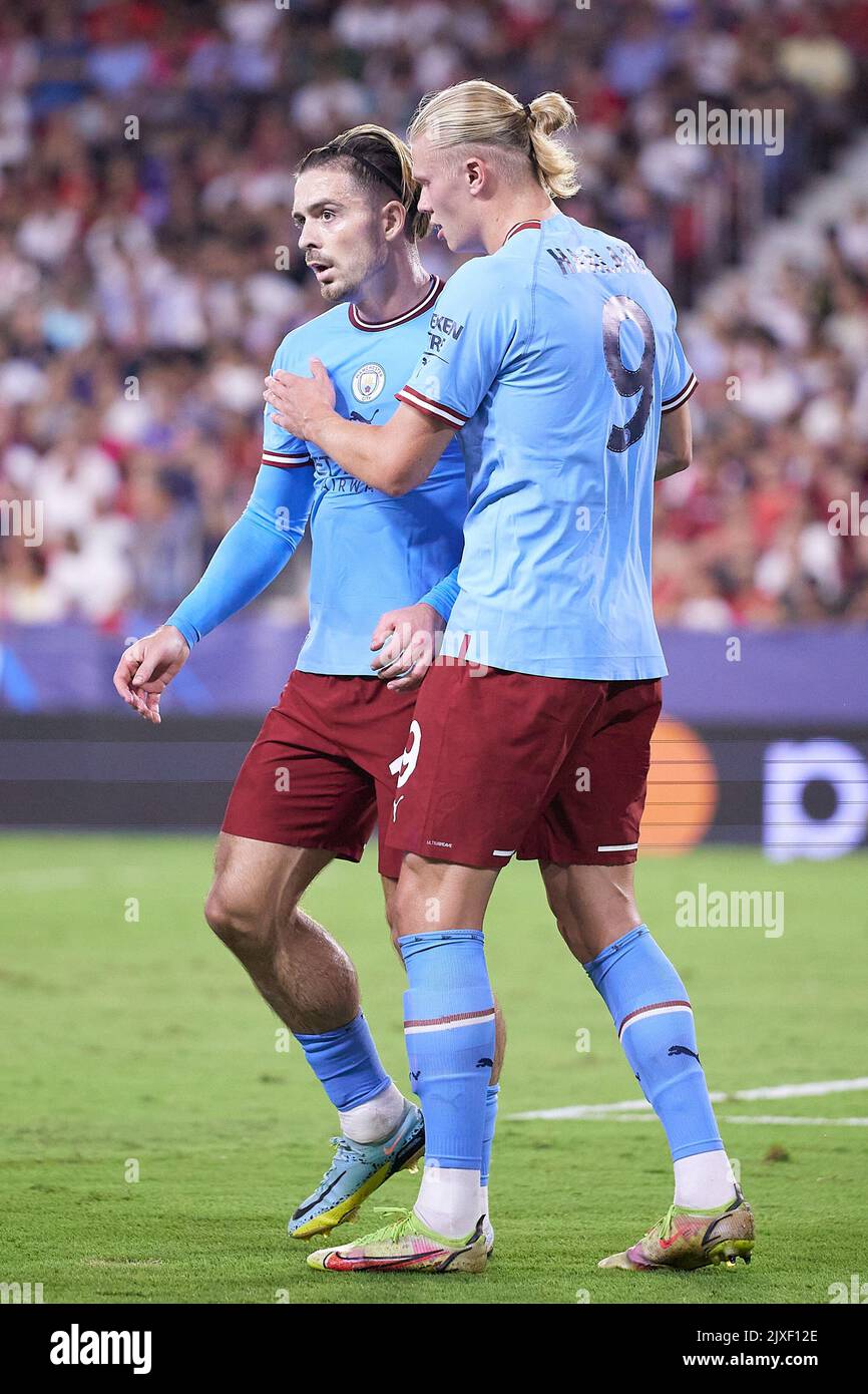 Sevilla, Spanien. 06. September 2022. Erling Haaland (9) von Manchester City erzielt beim UEFA Champions League-Spiel zwischen dem FC Sevilla und Manchester City im Estadio Ramon Sanchez Pizjuan in Sevilla 0-1 Punkte. (Foto: Gonzales Photo/Alamy Live News Stockfoto