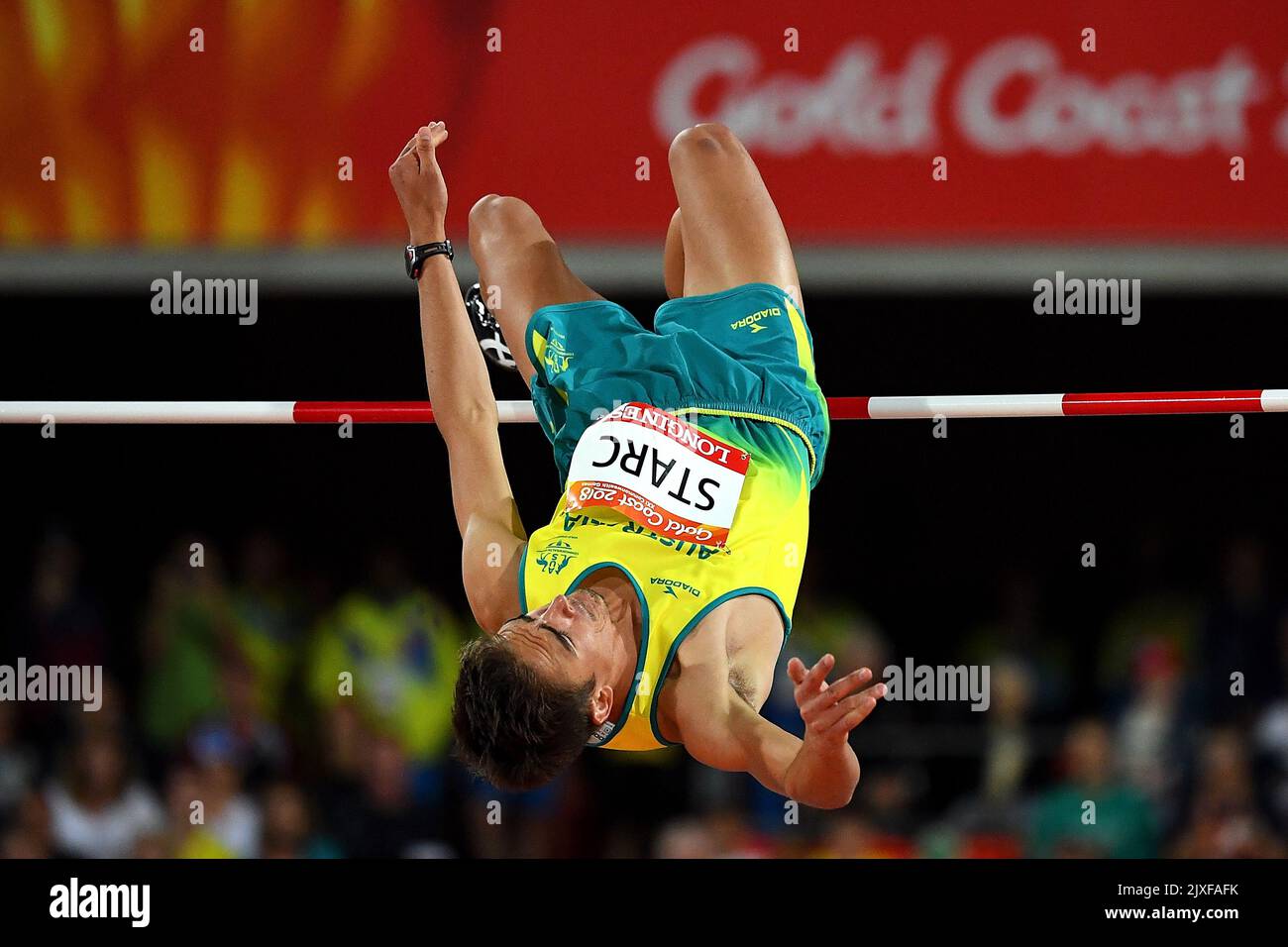 Brandon Starc aus Australien beim Herren-Highjump-Finale am siebten Tag des Wettbewerbs im Carrara Stadium an der Gold Coast, Australien, Mittwoch, 11. April 2018. (AAP-Bild/Dean Lewins) Stockfoto