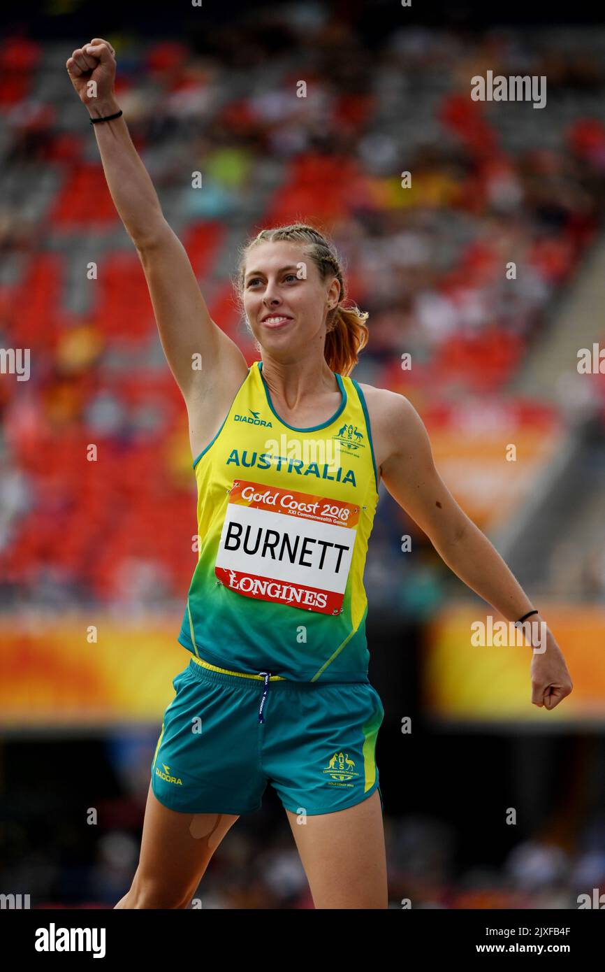 Alysha Burnett aus Australien nach dem Women's Heptathlon High Jump am achten Tag des Wettbewerbs der XXI Commonwealth Games im Carrara Stadium, an der Gold Coast, Australien, Donnerstag, 12. April 2018. (AAP-Bild/Dean Lewins) Stockfoto