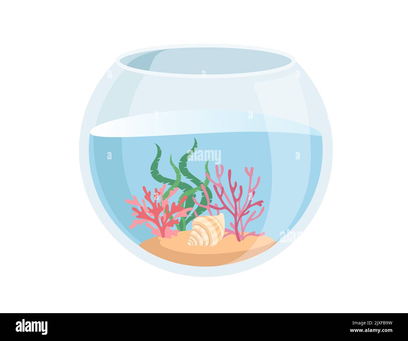 Fishbowl Aquarium mit Wasseralgen, Sand, Korallen und Muscheln Vektorgrafik isoliert auf weißem Hintergrund Stock Vektor