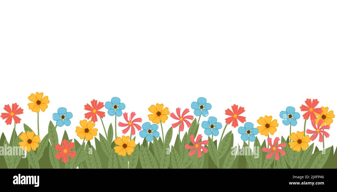 Einfache unterschiedlich farbige Blumen Bett mit grünem Gras und Blätter Vektor-Illustration auf weißem Hintergrund Stock Vektor
