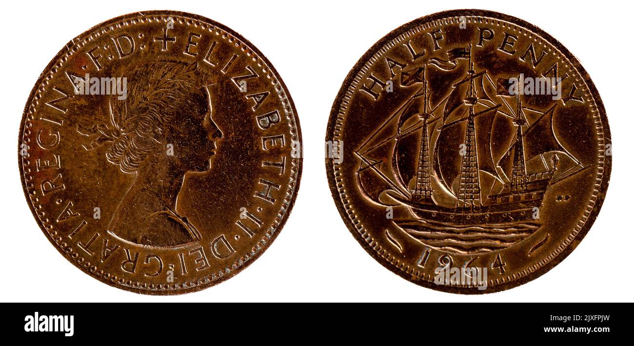 Eine englische Halbpenny-Bronzemedaille aus dem Jahr 1964 mit der jungen Königin Elizabeth II. Auf der Vorderseite und der Golden Hind-Galeone auf der Rückseite. Die Münze wurde ausgegeben Stockfoto