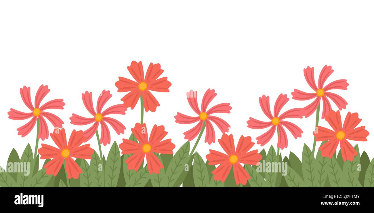 Einfache rote Blumen Bett mit grünem Gras und Blätter Vektor-Illustration auf weißem Hintergrund Stock Vektor