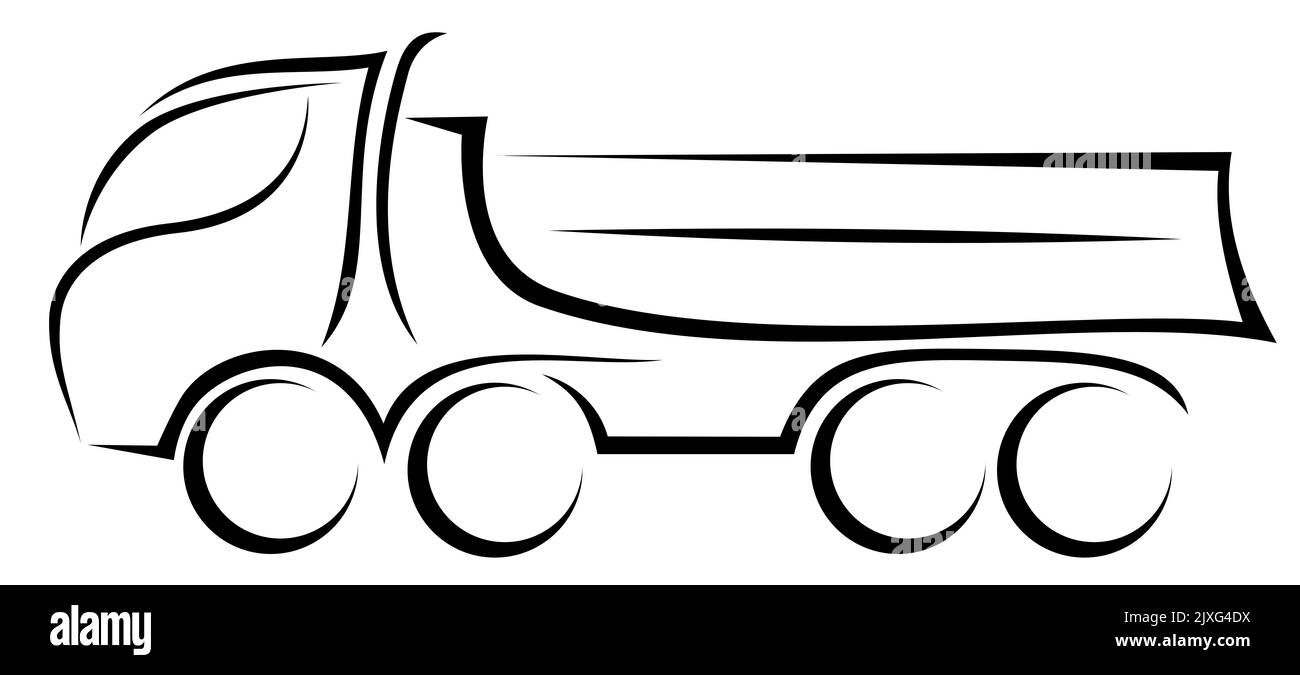 Dynamische Vektordarstellung eines europäischen Kipper-LKW mit vier Achsen als Logo für ein Lieferunternehmen Stockfoto