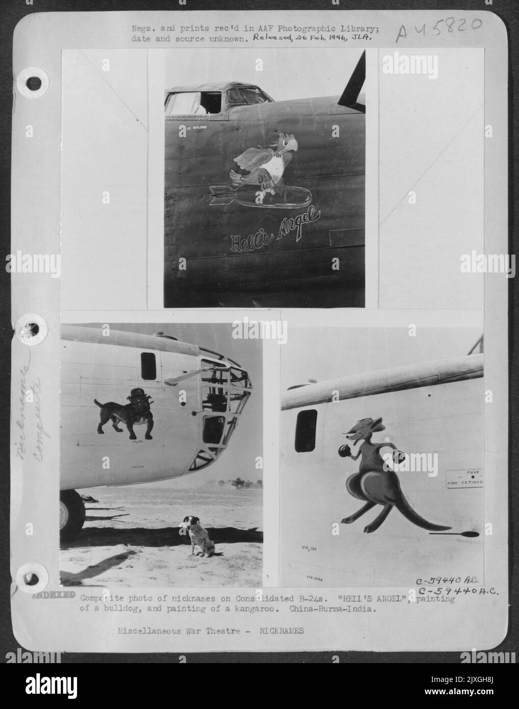 Zusammengesetztes Foto von Spitznamen auf Consolidated B-24S. „Hell'S Angel“, „Painting of A Bulldog“ und „Painting of A Känguru“. China-Burma-Indien. Stockfoto