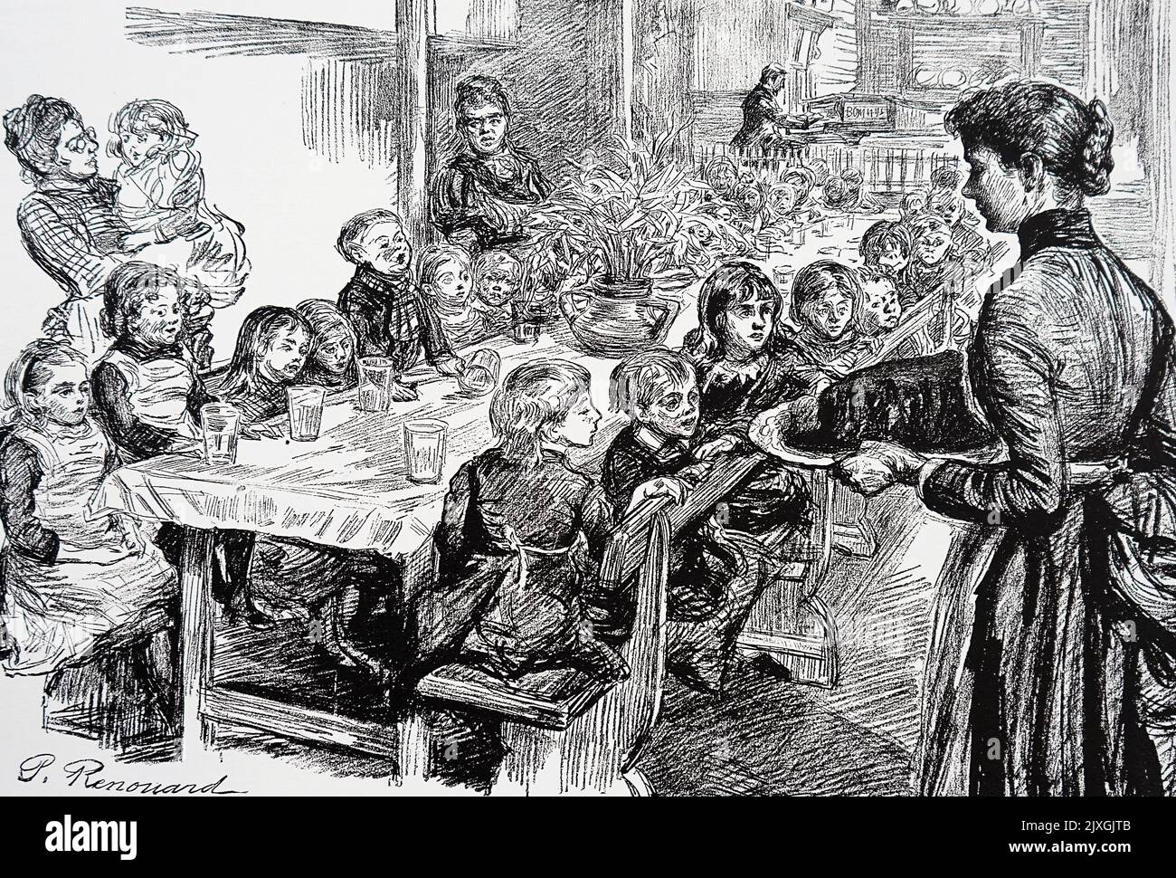 Abbildung: Kinder erhalten kostenlose Abendessen in Stepney. Die London School Dinner Association wurde 1889 gegründet. Datiert aus dem 19.. Jahrhundert Stockfoto