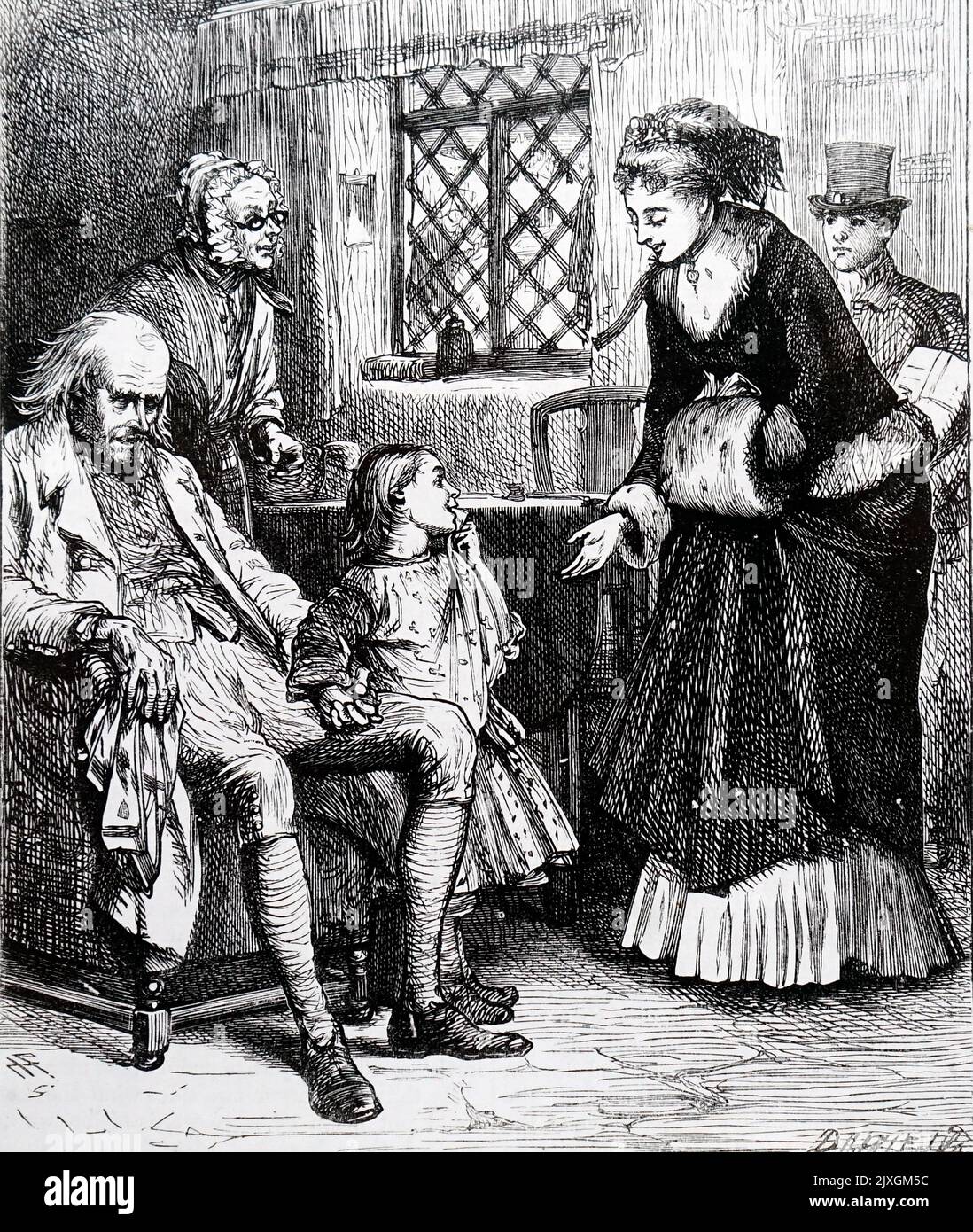 Die Abbildung zeigt eine Dame, die arme Cottagers besucht, und Neujahrsgeschenke, die von einem Fußmann getragen werden. Datiert aus dem 19.. Jahrhundert Stockfoto
