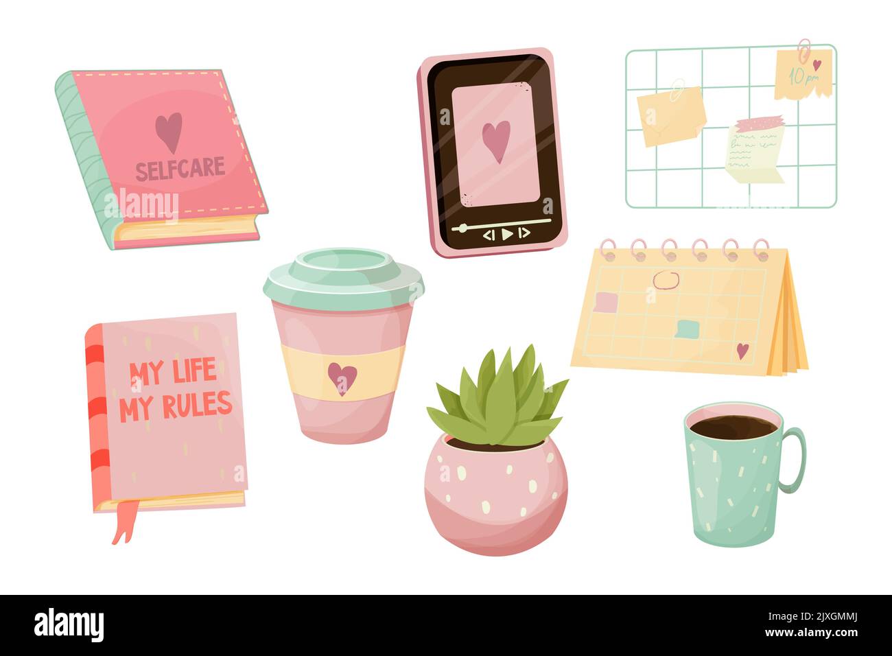 Legen Sie die wesentlichen Elemente der Selbstpflege für Studium, Ruhe und psychische Gesundheit in rosa Pastellfarben im Cartoon-Stil auf weißem Hintergrund isoliert. Bücher, Kaffeetassen, Notizbrett und Kalender, Telefon und Pflanze. Vektorgrafik Stock Vektor