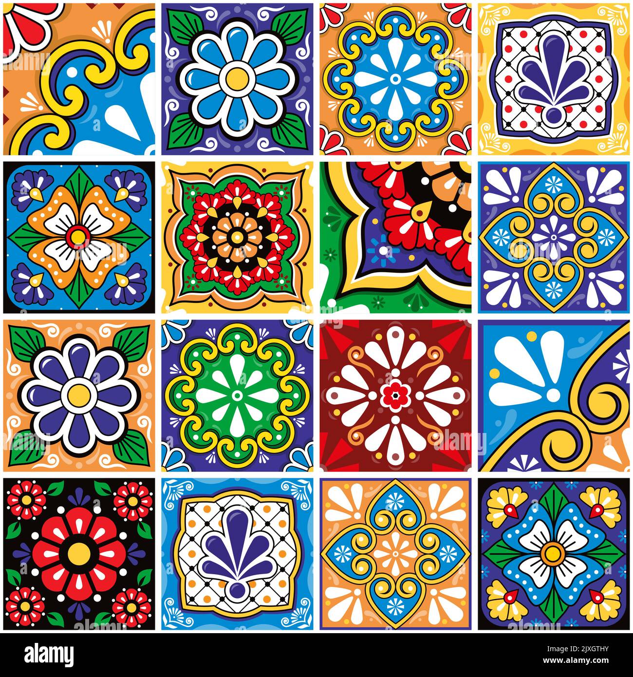 Mexikanische talavera Fliesen große Kollektion, dekorative nahtlose Vektor-Muster mit Blumen gesetzt, Blätter und Wirbel Stock Vektor