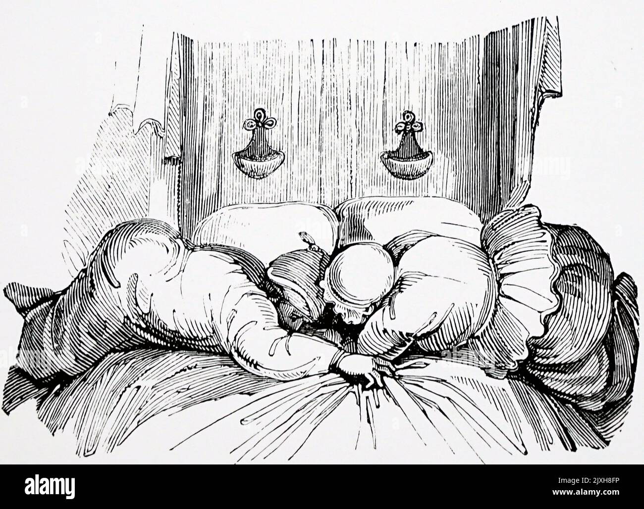Abbildung, die einen Mann und eine Frau zeigt, die sich zum Bett bereit machen. Illustriert von Thomas Hood (1799-1845), einem englischen Dichter, Autor und Humoristen. Datiert aus dem 19.. Jahrhundert Stockfoto
