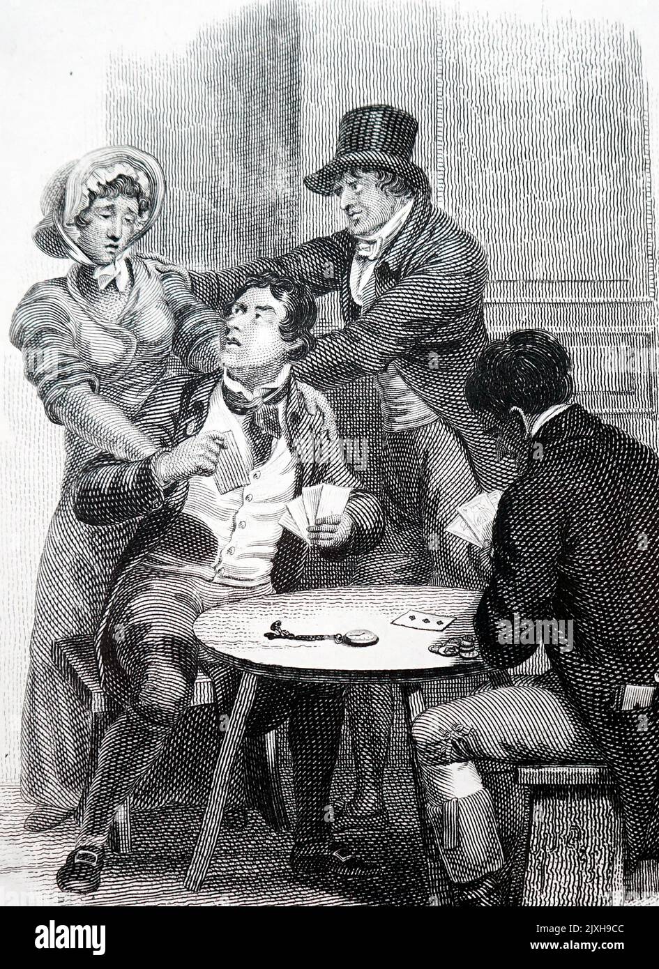 Abbildung einer Frau, die versucht, ihren Mann vom Spieltisch zu entfernen. Illustriert von William Marshall Craig (1765-1827), einem englischen Maler und Dichter. Datiert aus dem 19.. Jahrhundert Stockfoto