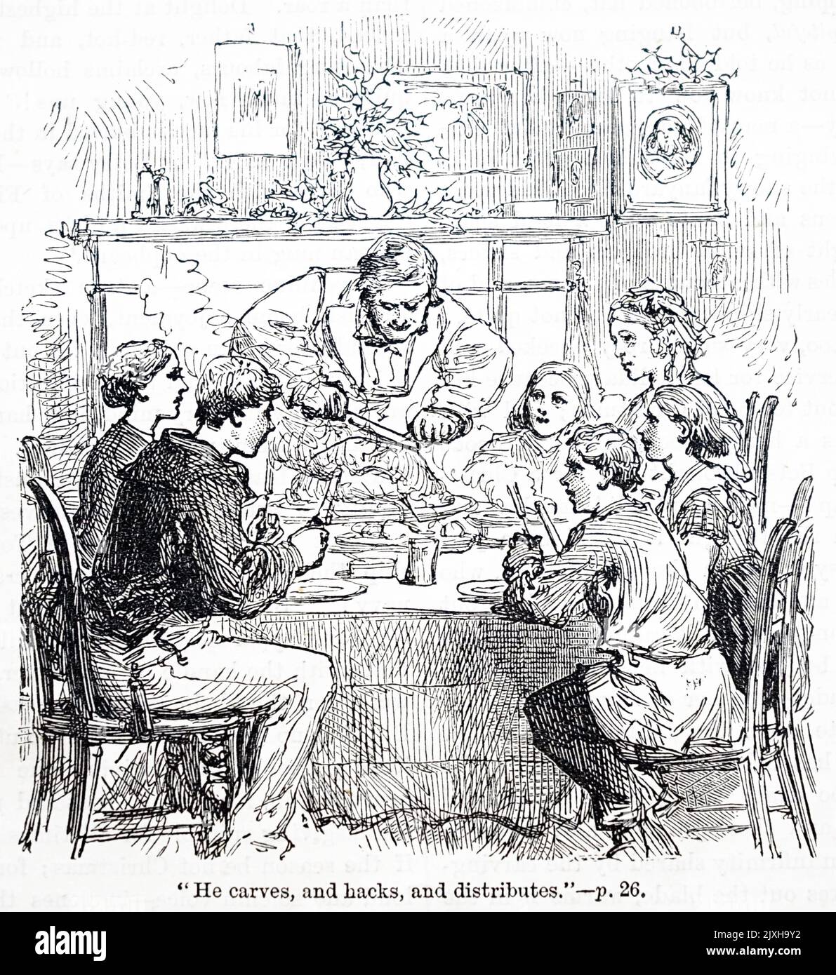 Abbildung einer Familie, die zu einem Weihnachtsessen sitzt. Datiert aus dem 19.. Jahrhundert Stockfoto