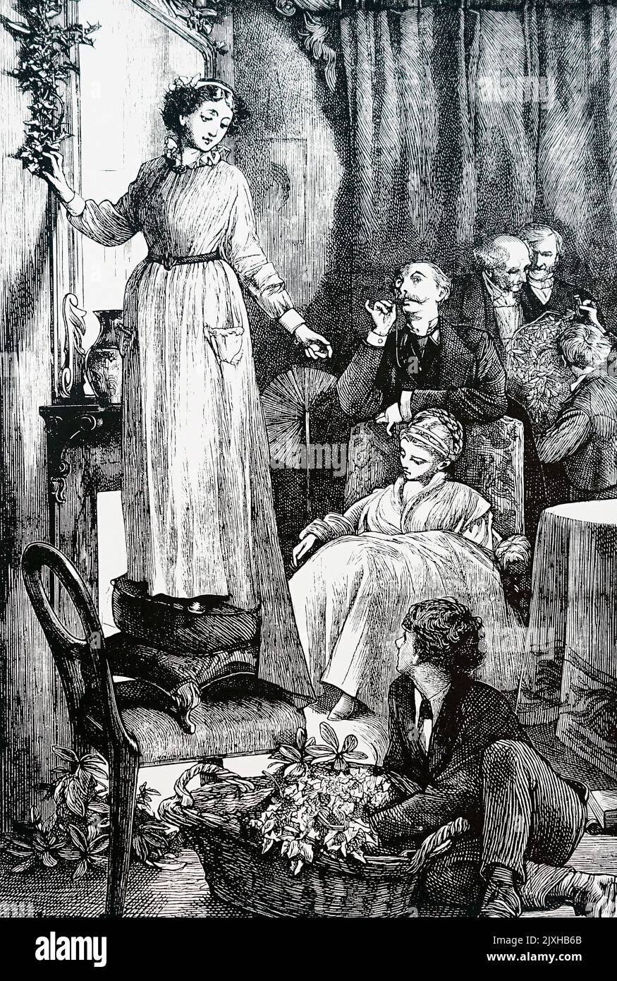 Abbildung einer Frau, die Weihnachtsdekorationen aufstellt, während das ungültige Kind der Familie traurig in das Feuer blickt. Datiert aus dem 19.. Jahrhundert Stockfoto