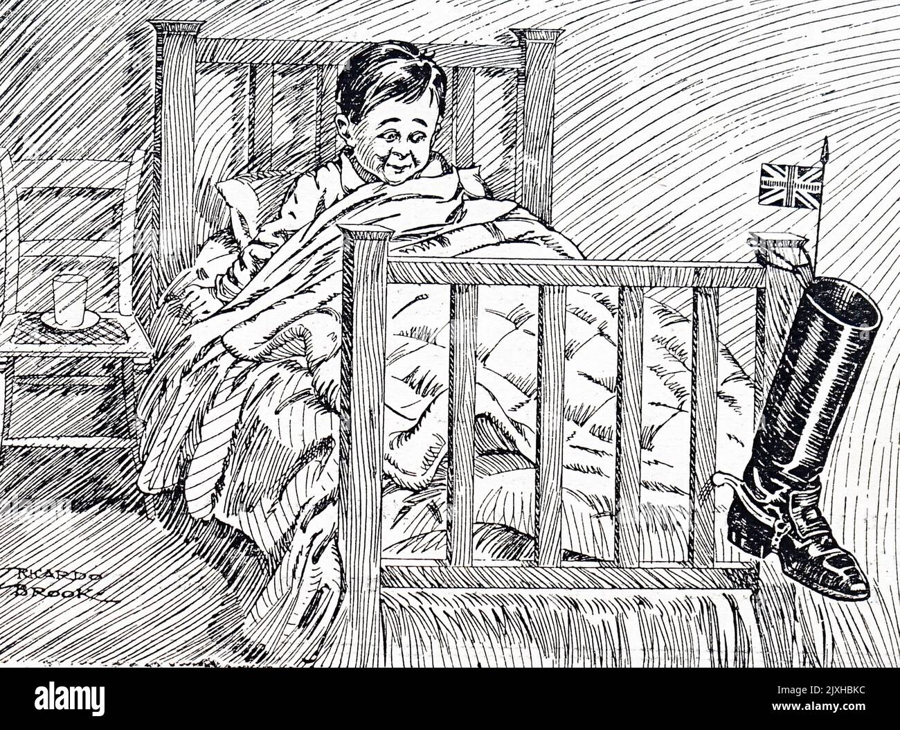 Karikatur, die ein junges britisches Kind zeigt, das auf die Ankunft seines Vaters wartet und während des Ersten Weltkriegs auf Urlaub zurückkehrt. Datiert aus dem 20.. Jahrhundert Stockfoto