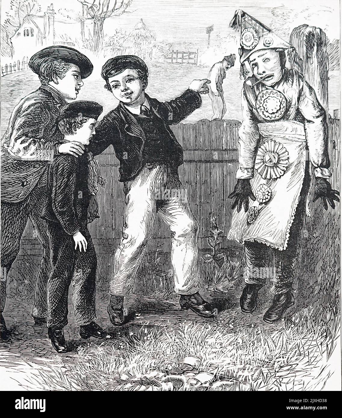 Illustration, die Jungen zeigt, die ein Bildnis von Guy Fawkes machen. Datiert aus dem 20.. Jahrhundert Stockfoto