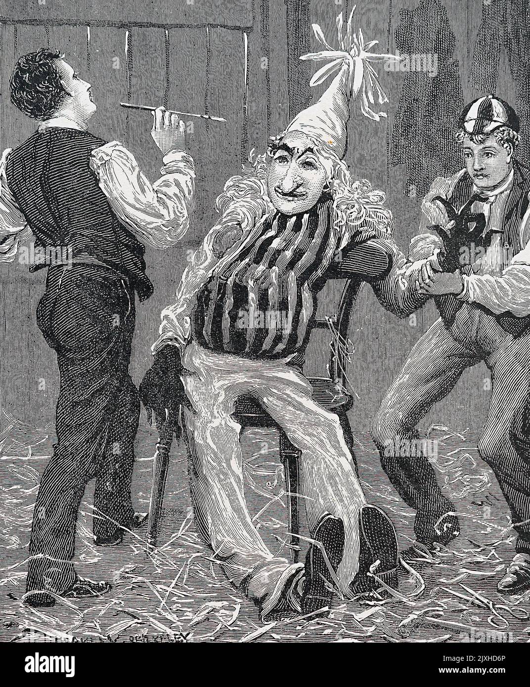 Illustration, die Jungen zeigt, die ein Bildnis von Guy Fawkes machen. Datiert aus dem 20.. Jahrhundert Stockfoto