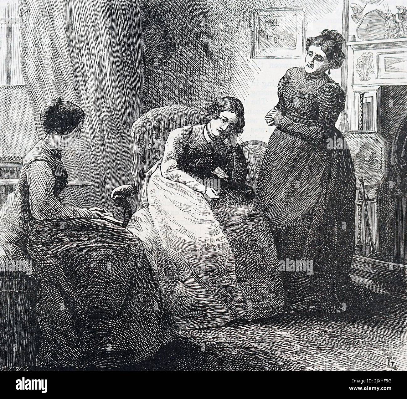 Abbildung mit dem Titel „Schwestern“, auf der zwei Schwestern mit ihrer Mutter saßen. Datiert aus dem 19.. Jahrhundert Stockfoto