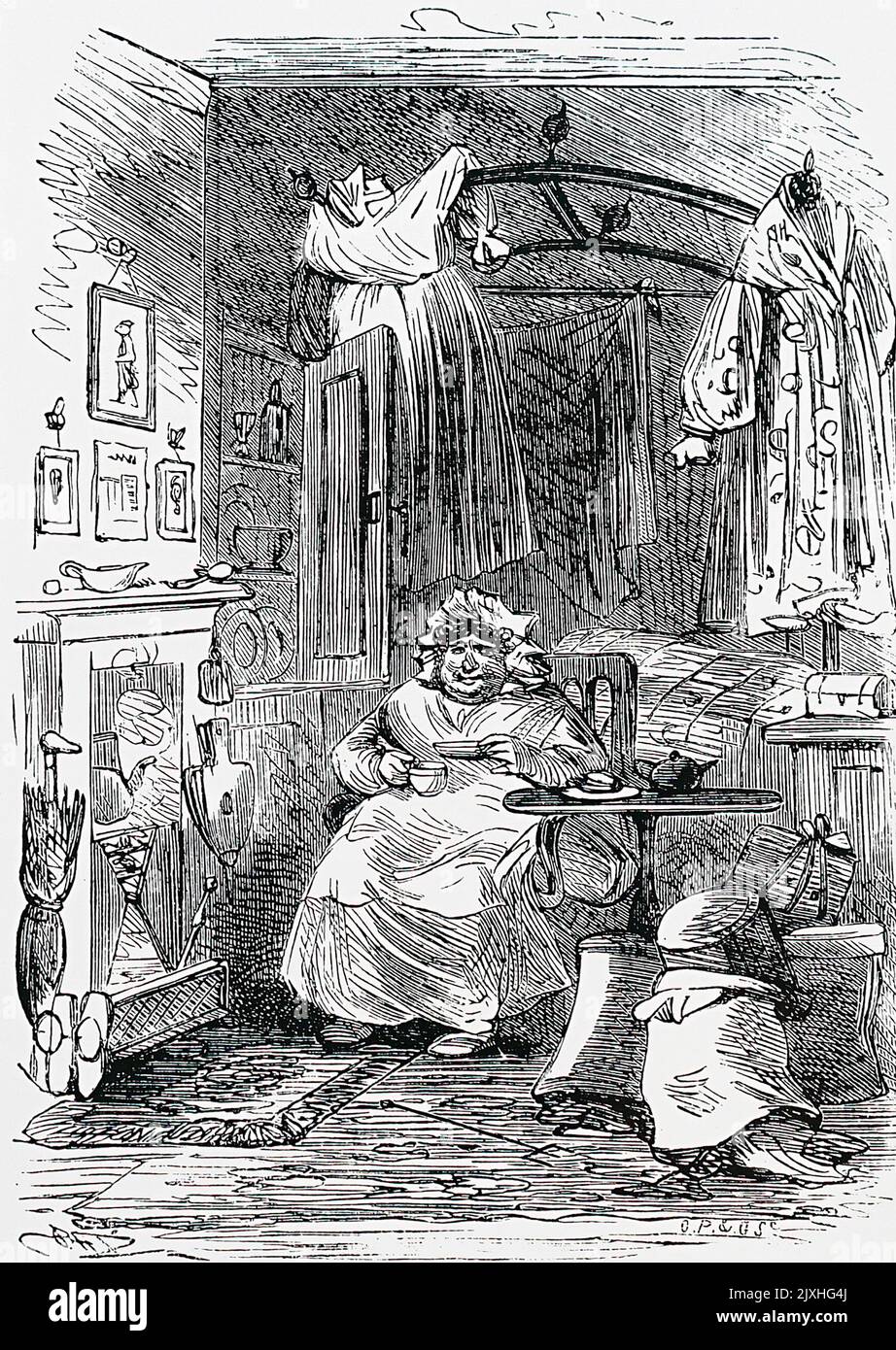 Illustration für einen Charles Dickens (1812-1870) Penny ist ein englischer Schriftsteller und Sozialkritiker. Sarah Gamp wird in ihrer Wohnung gesehen, wie sie ihren Tee trinkt. Datiert aus dem 19.. Jahrhundert Stockfoto