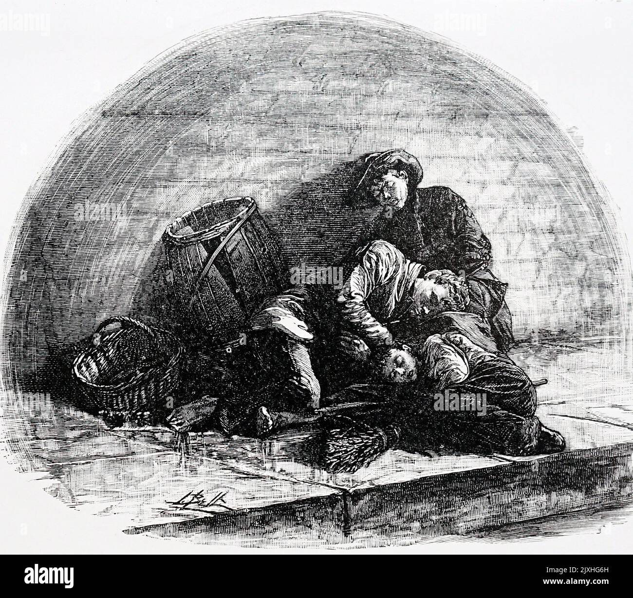 Abbildung mit obdachlosen Londonern, die unter einem Eisenbahnbogen schlafen. Datiert aus dem 19.. Jahrhundert Stockfoto