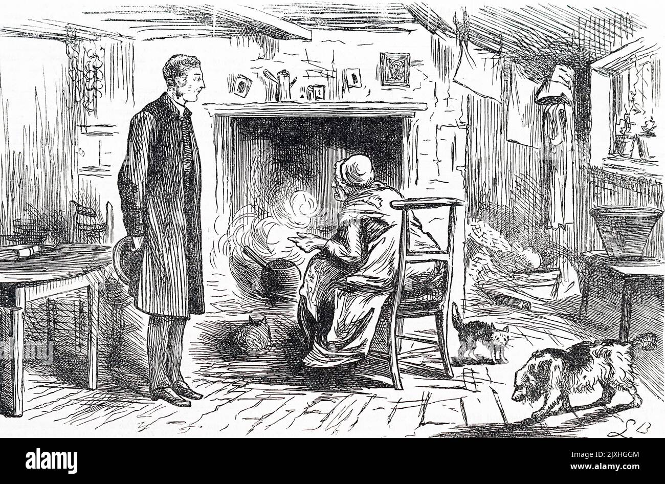 Karikatur, die eine häusliche Szene zeigt, eine ältere Frau, die in einem Topf im Kamin etwas kocht. Datiert aus dem 19.. Jahrhundert Stockfoto