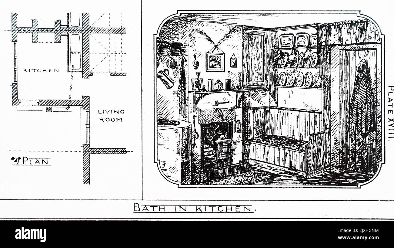 Illustration und Grundriß einer Küche, die mit einer Badewanne ausgestattet wird, im Haus eines Handwerkers. Datiert aus dem 19.. Jahrhundert Stockfoto