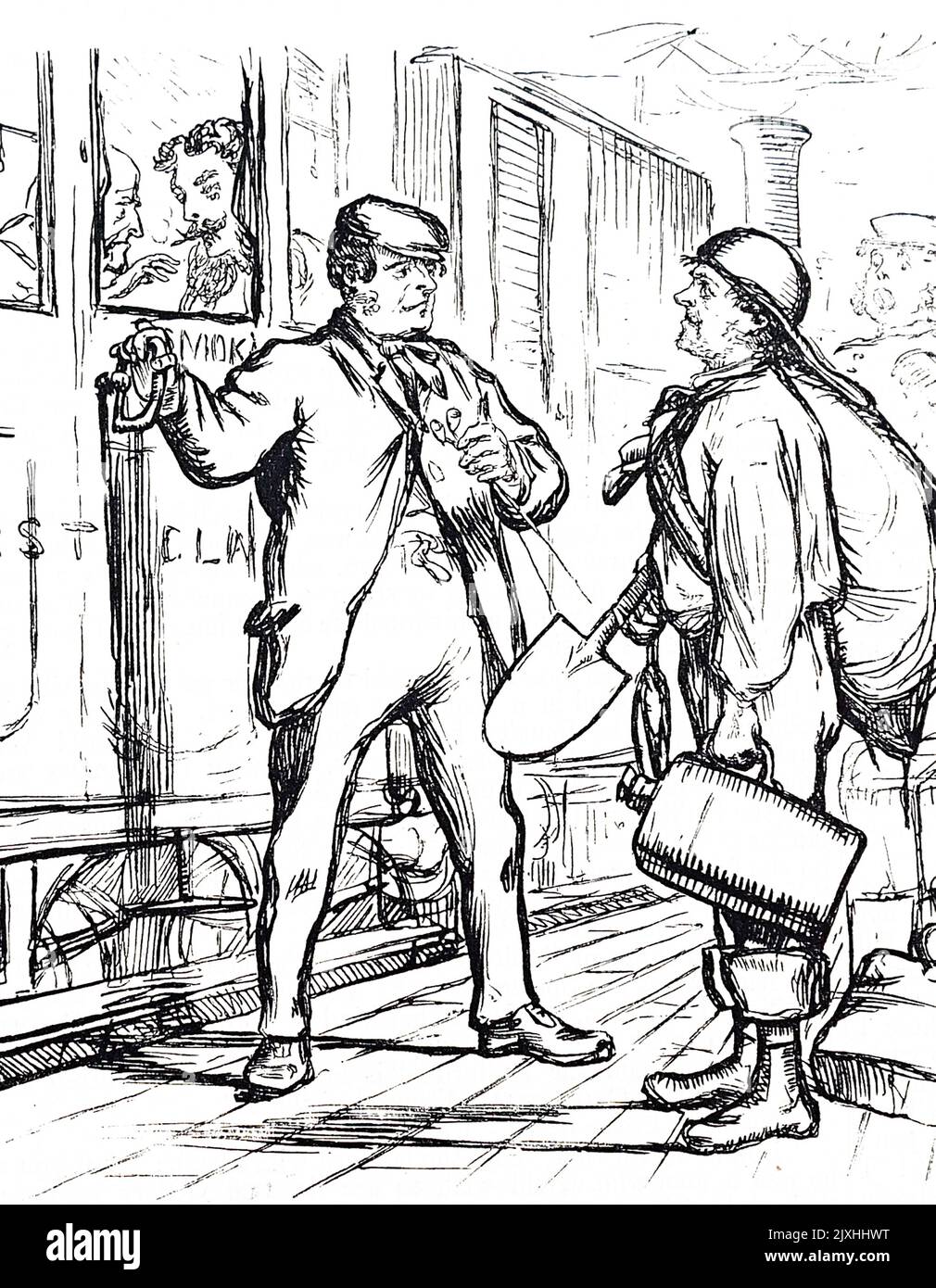 Karikatur, die einen Soldaten zeigt, der sich mit all seinen Habseligkeiten bereit machte, in einen Zug zu steigen. Datiert aus dem 19.. Jahrhundert Stockfoto