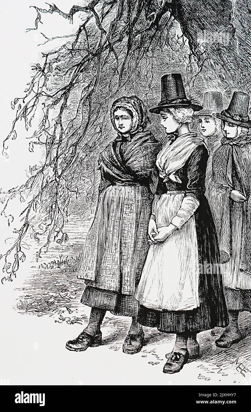 Abbildung der walisischen Mädchen auf einer Hollantide-Messe, einer Einstellungsmesse, die darauf wartet, als Hausangestellte engagiert zu werden. Illustriert von Mary Ellen Edwards (1838-1934), einer englischen Künstlerin. Datiert aus dem 19.. Jahrhundert Stockfoto