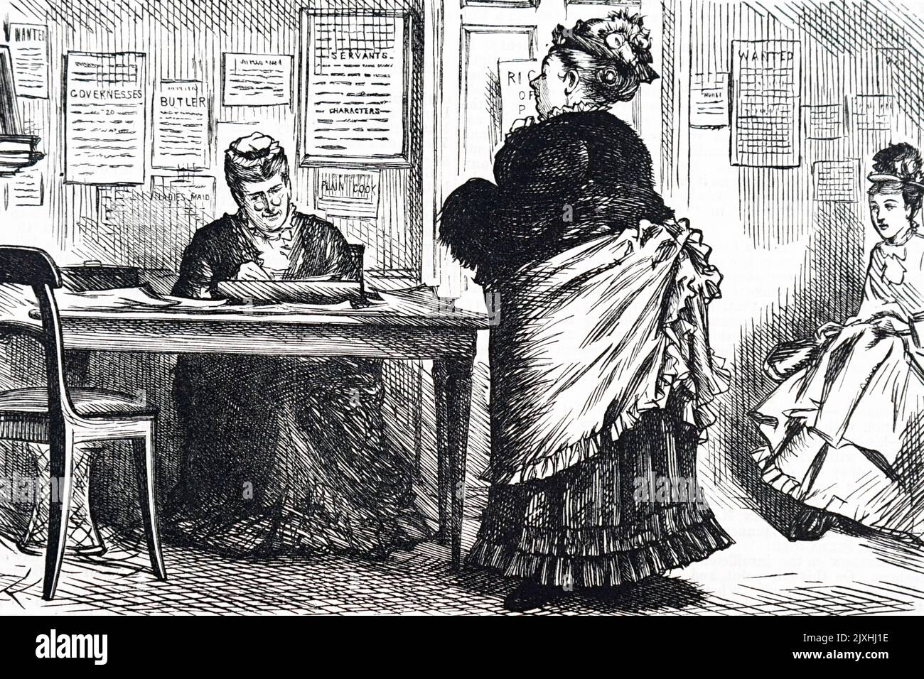 Karikatur, die das Innere eines Beschäftigungsbüros für Hausangestellte darstellt. Datiert aus dem 19.. Jahrhundert Stockfoto