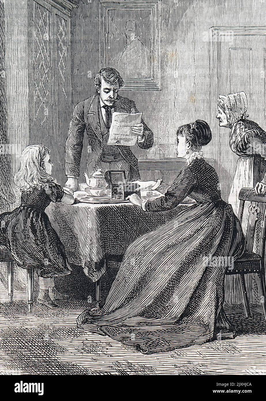 Abbildung der Lektüre eines Willens eines kürzlich verstorbenen Familienmitglieds. Datiert aus dem 19.. Jahrhundert Stockfoto