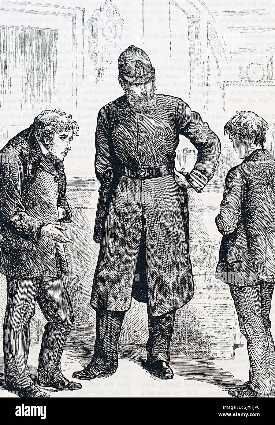 Abbildung eines Polizisten, der einen Streit zwischen einem jungen Mann und einem Ladenbesitzer beigelegt hat. Datiert aus dem 19.. Jahrhundert Stockfoto