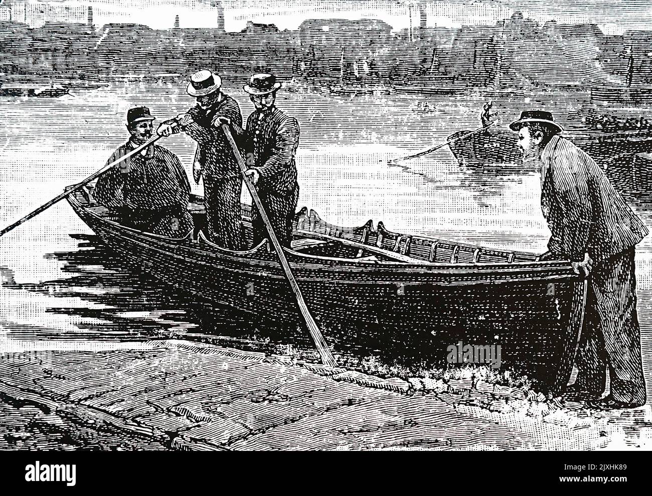 Abbildung der Polizisten der Themse, die für eine Flusspatrouille einschiffen. Datiert aus dem 19.. Jahrhundert Stockfoto