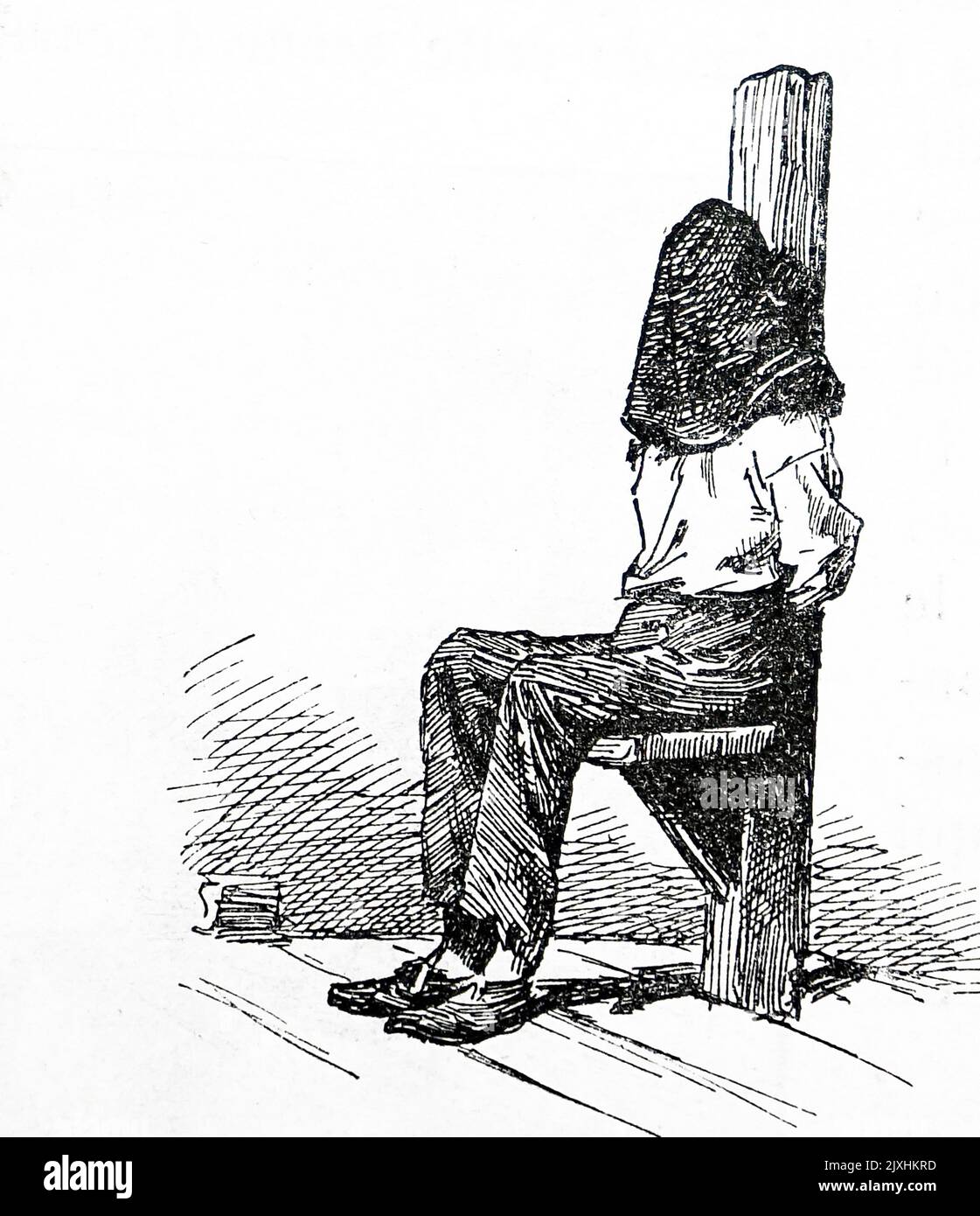 Abbildung eines Gefangenen, der auf die Hinrichtung durch Garotte wartet. Datiert aus dem 19.. Jahrhundert Stockfoto