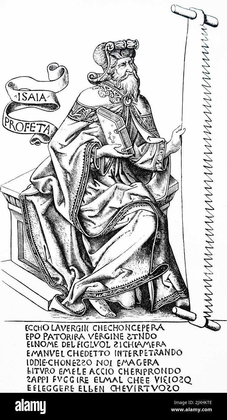 Kupferstich zeigt den Propheten Isiah mit einer Säge, dem Arbeitsgerät, mit dem er getötet wurde. Datiert aus dem 15.. Jahrhundert Stockfoto