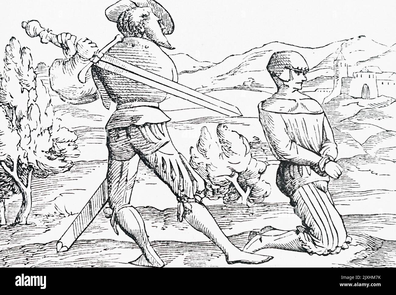 Holzschnitt, der den Tod durch Enthauptung darstellt, verwendet der Henker das Zweihandschwert. Datiert aus dem 16.. Jahrhundert Stockfoto