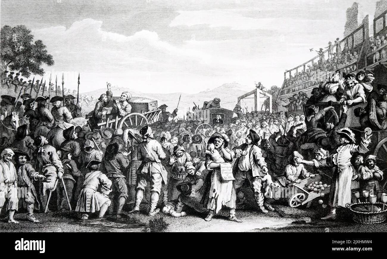 Abbildung mit dem Titel „Industrie und Leerlauf“. Die Abbildung zeigt eine Hinrichtung in Tyburn zur Hinrichtung des untätigen Lehrlings. Illustriert William Hogarth (1697-1764), ein englischer Maler, Grafiker, Bildsatiriker und Sozialkritiker. Datiert aus dem 18.. Jahrhundert Stockfoto