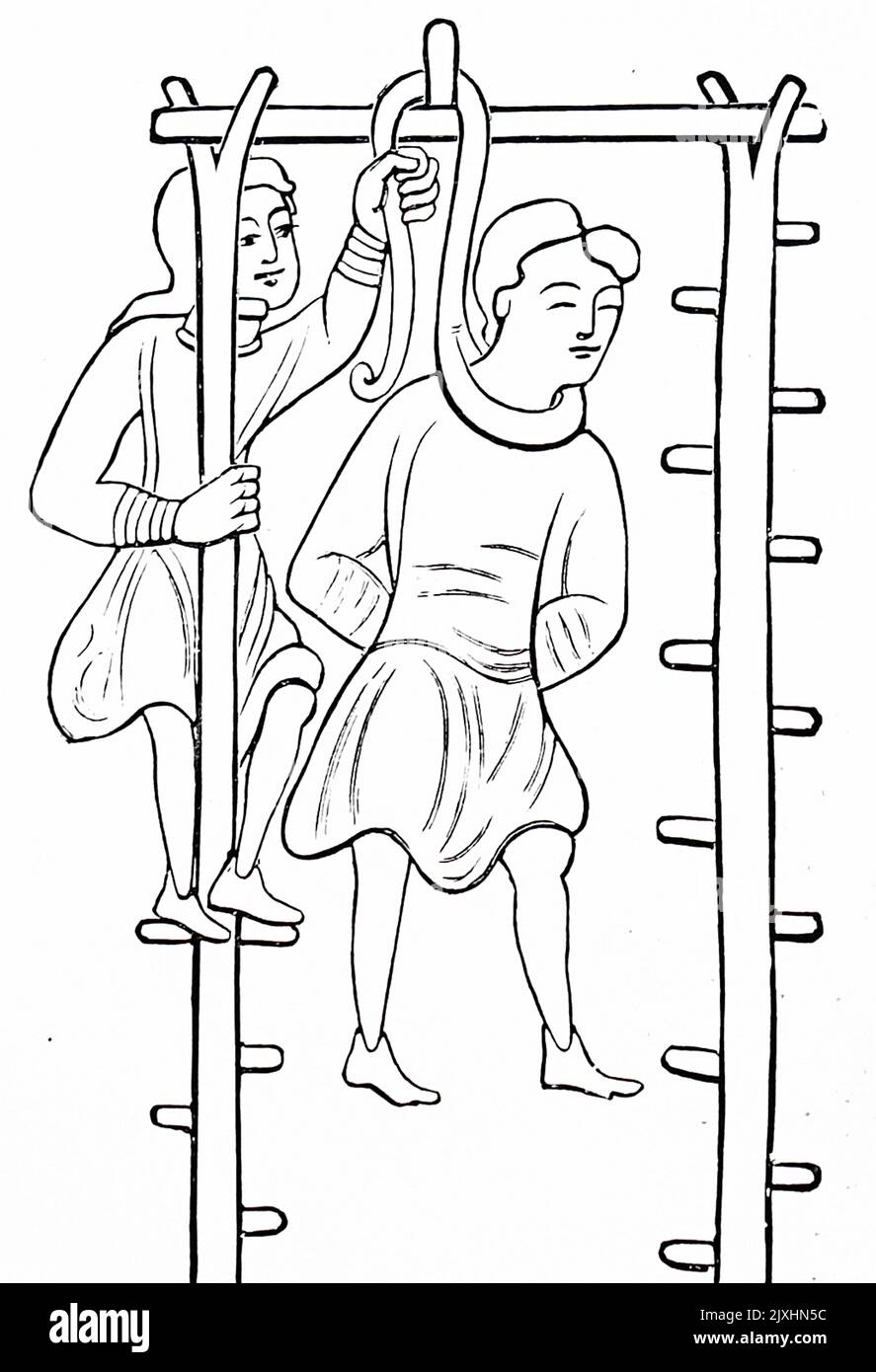 Holzschnitt, der eine Ausführung durch Aufhängen an einem Manuskript darstellt. Datiert aus dem 15.. Jahrhundert Stockfoto
