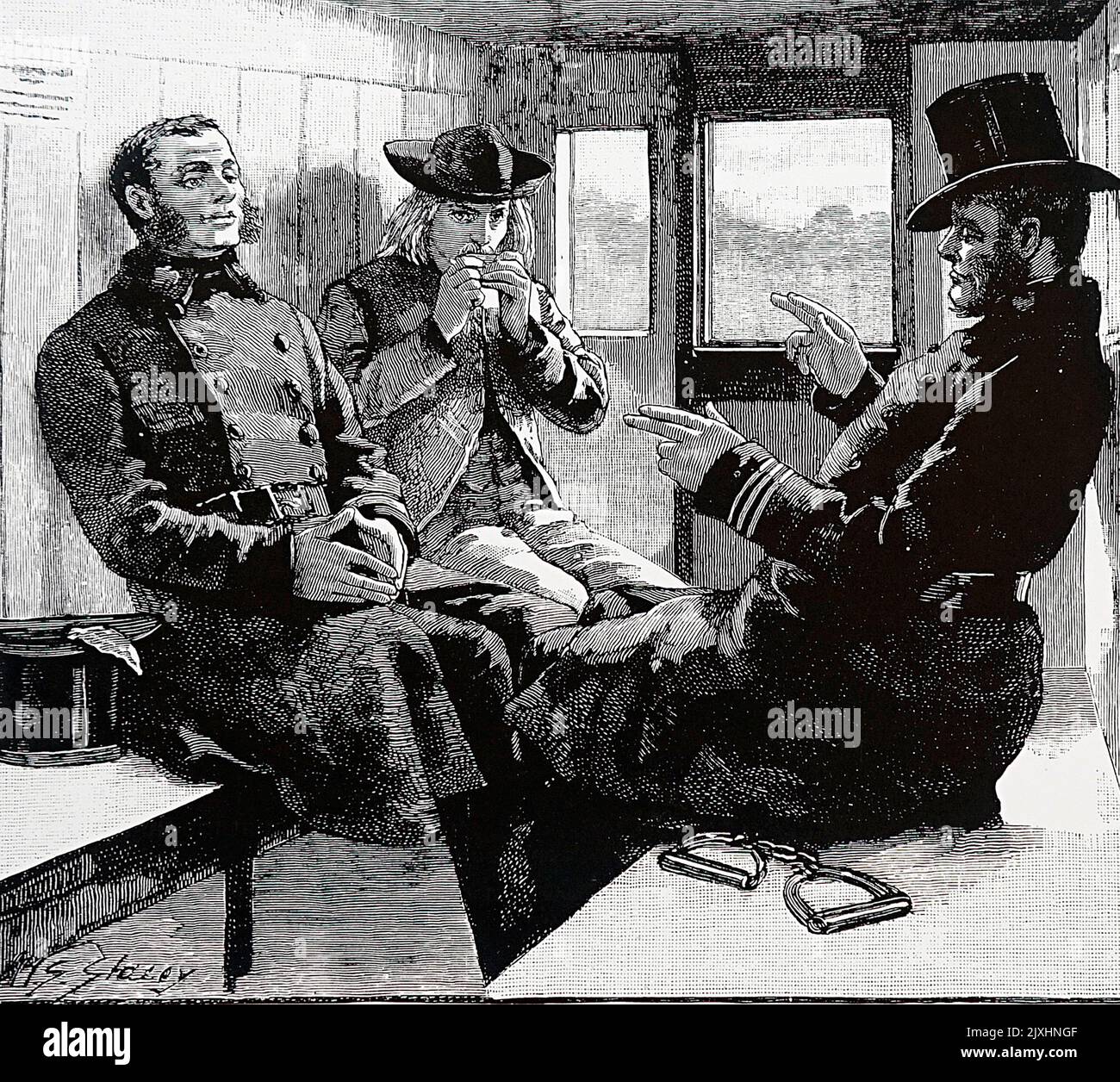 Abbildung mit zwei Polizeibeamten, die einen Gefangenen auf einer Zugfahrt begleiten. Datiert aus dem 19.. Jahrhundert Stockfoto