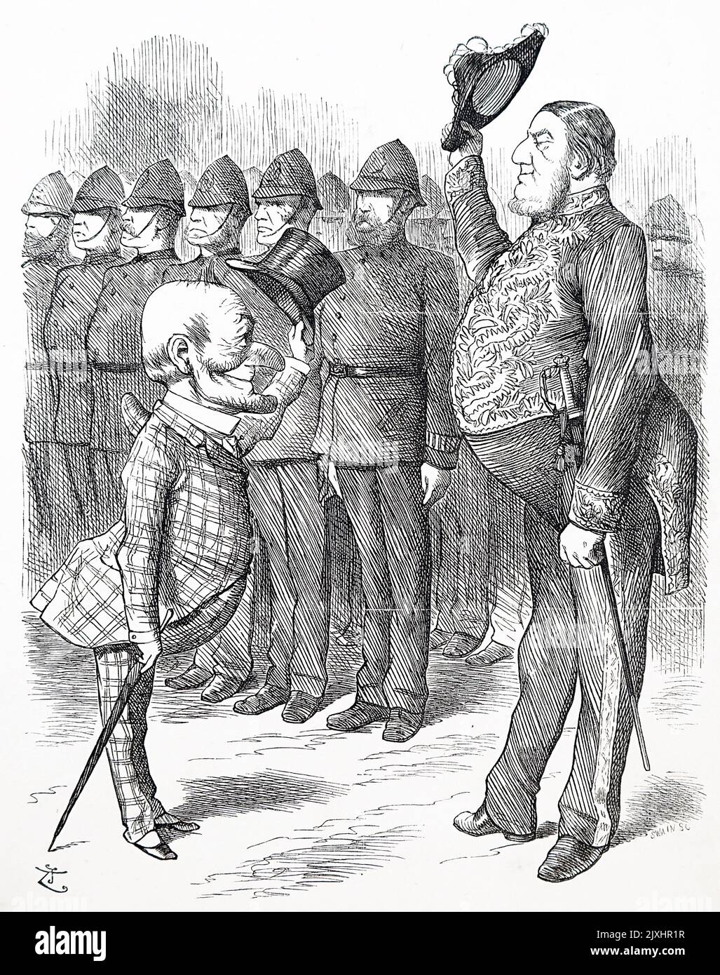 Karikatur von Sir William Harcourt (1827-1904), einem britischen Anwalt, Journalisten und Staatsmann der Liberalen, der einen Gruß von Herrn Punch annimmt. Datiert aus dem 19.. Jahrhundert Stockfoto