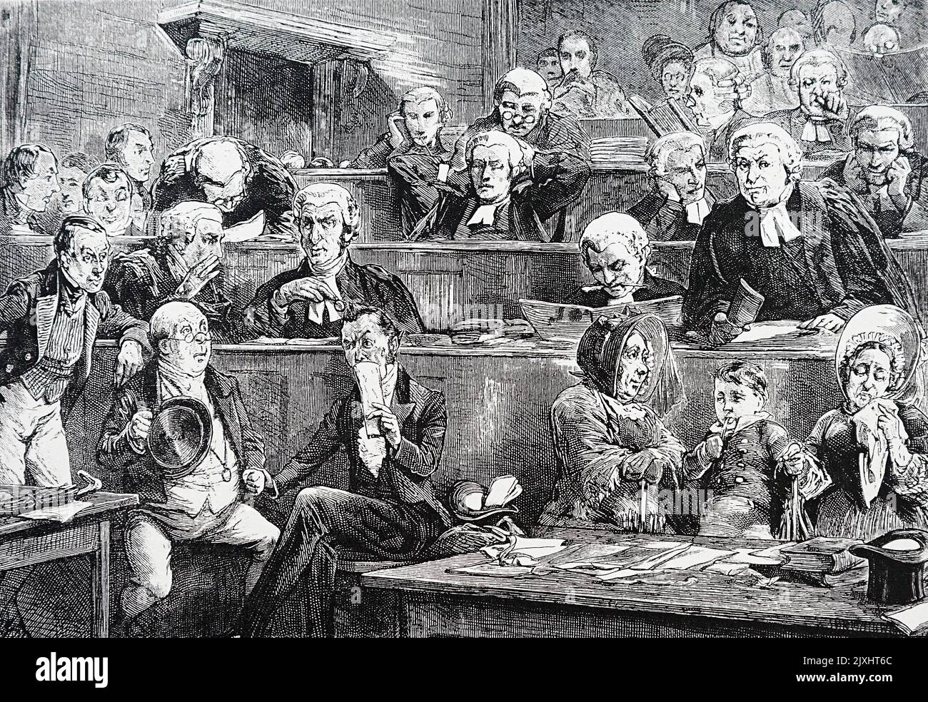 Illustration des Prozesses zwischen Bardell und Pickwick für die Pickwick Papers von Charles Dickens (1812-1870), einem englischen Schriftsteller und Sozialkritiker. Illustriert von T. W. Wilson (1851-1912), einem englischen Illustrator. Datiert aus dem 19.. Jahrhundert Stockfoto