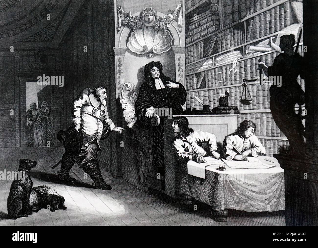 Abbildung, die Hudibras beim Anwalt zeigt. Illustriert von William Hogarth (1697-1764), einem englischen Maler, Grafiker, Bildsatiriker, Sozialkritiker und redaktioneller Karikaturist. Datiert aus dem 18.. Jahrhundert Stockfoto