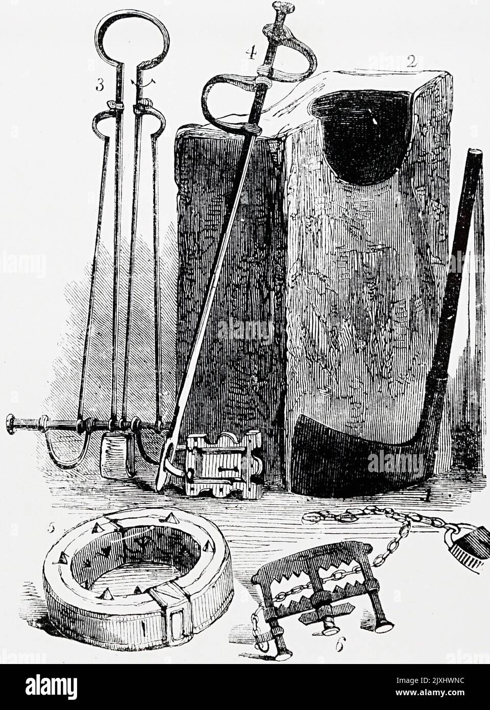 Sammlung von Folterinstrumenten und Hinrichtungen. Datiert aus dem 19.. Jahrhundert Stockfoto