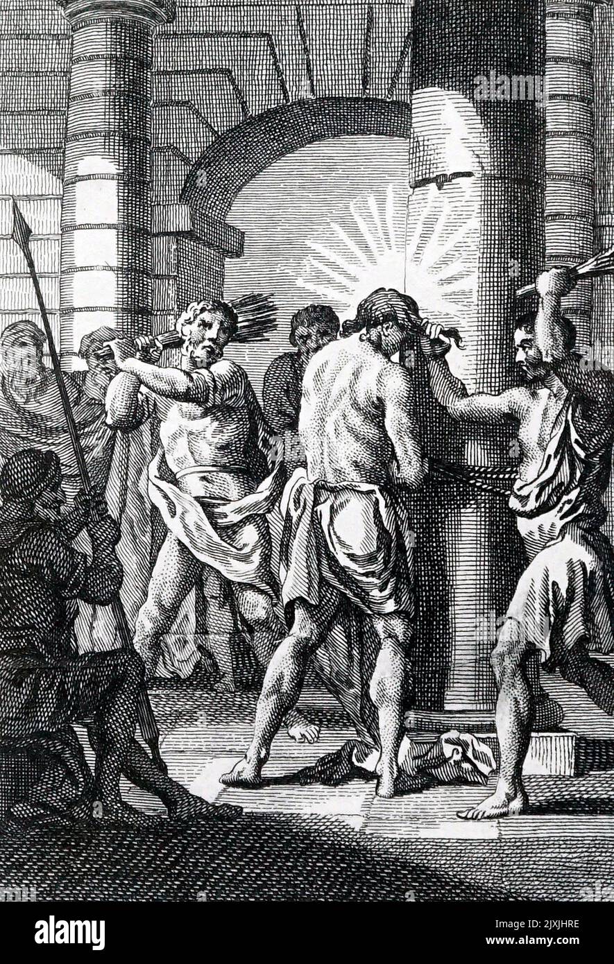 Illustration, die Jesus auf Befehl von Pilatus aus der Neuen Evangelischen Familienbibel geißelt. Datiert aus dem 19.. Jahrhundert Stockfoto