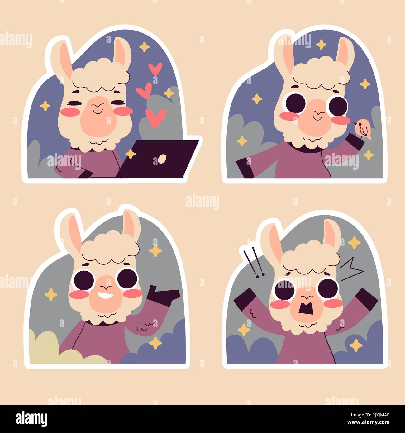 Handgezeichnete Cartoon naive Lama Aufkleber Set Vektor Illustration. Stock Vektor