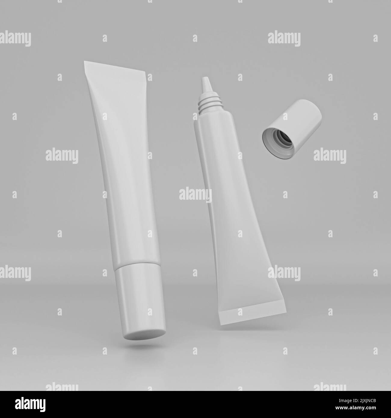 Eine leere Verpackung White Tube für die Gestaltung kosmetischer Produkte ist auf einem weißen Hintergrund isoliert. Stockfoto