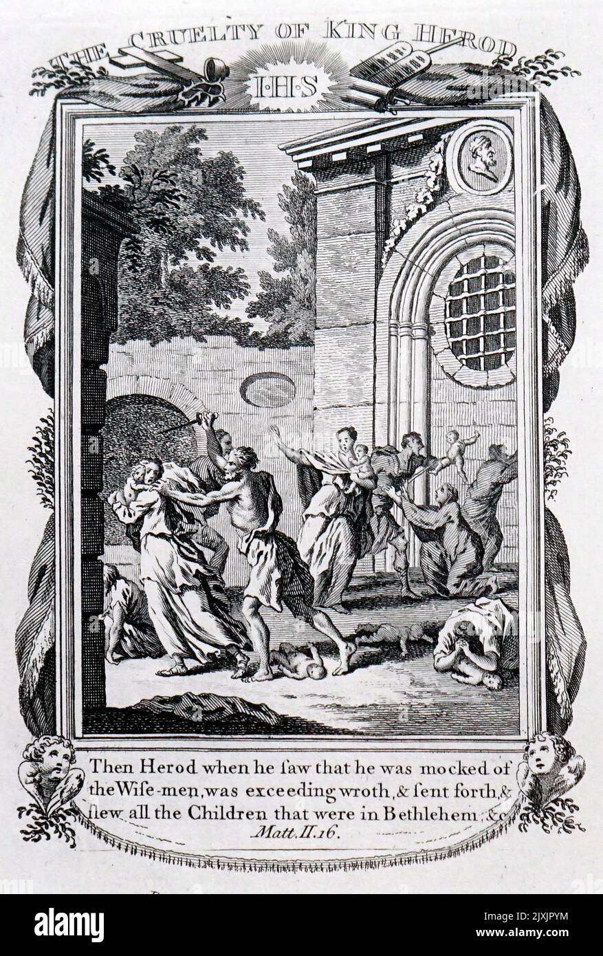 Abbildung des Massakers der Unschuldigen aus der Neuen Evangelischen Familienbibel. Datiert aus dem 19.. Jahrhundert Stockfoto