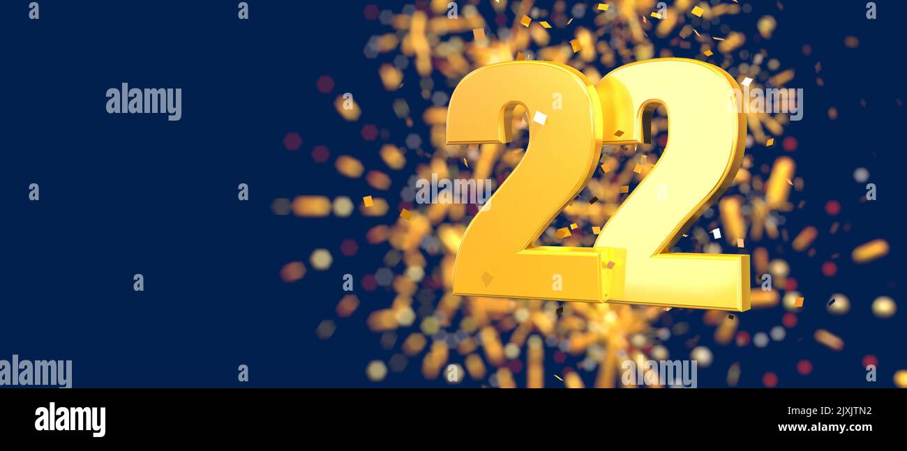 Gold Nummer 22 im Vordergrund mit herunterfallenden goldenen Konfetti und Feuerwerk hinten unscharf vor dunkelblauem Hintergrund. 3D Abbildung Stockfoto