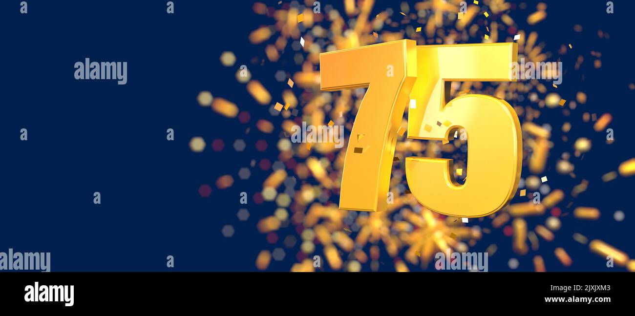 Gold Nummer 75 im Vordergrund mit herunterfallenden goldenen Konfetti und Feuerwerk hinten unscharf vor dunkelblauem Hintergrund. 3D Abbildung Stockfoto